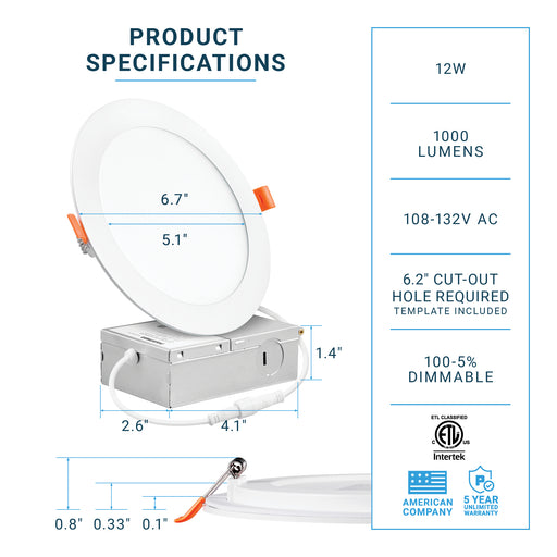 6" LED Recessed Ceiling Slim Panel Light with Junction Box - 12W