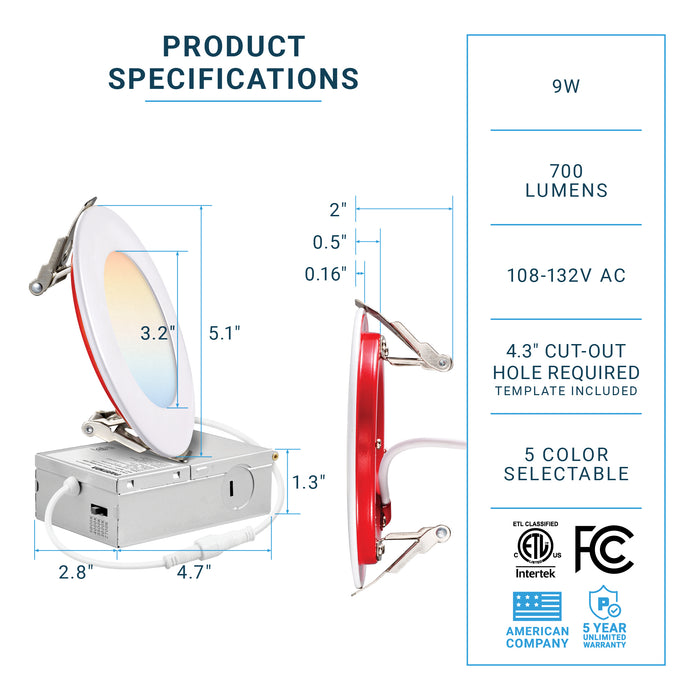 Fire Rated - 5CCT - 4" LED Recessed Ceiling Slim Panel Light with Junction Box - 9W