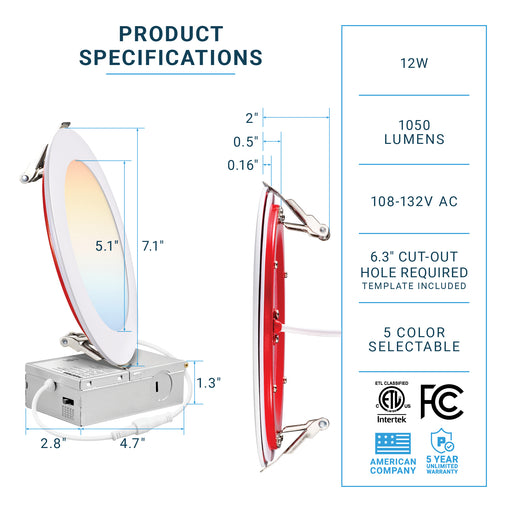 Fire Rated - 5CCT - 6" LED Recessed Ceiling Slim Panel Light with Junction Box - 12W