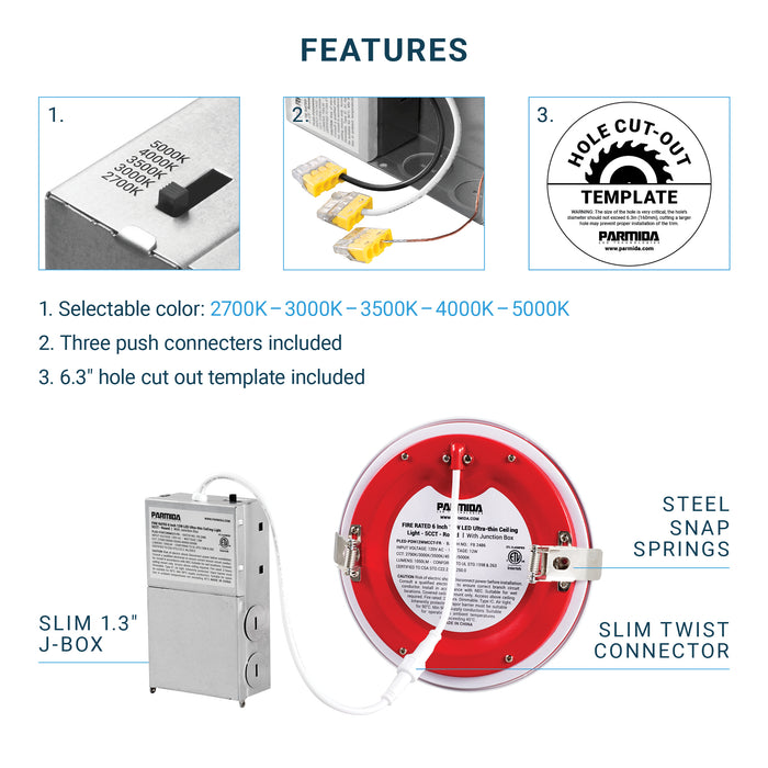 Fire Rated - 5CCT - 6" LED Recessed Ceiling Slim Panel Light with Junction Box - 12W