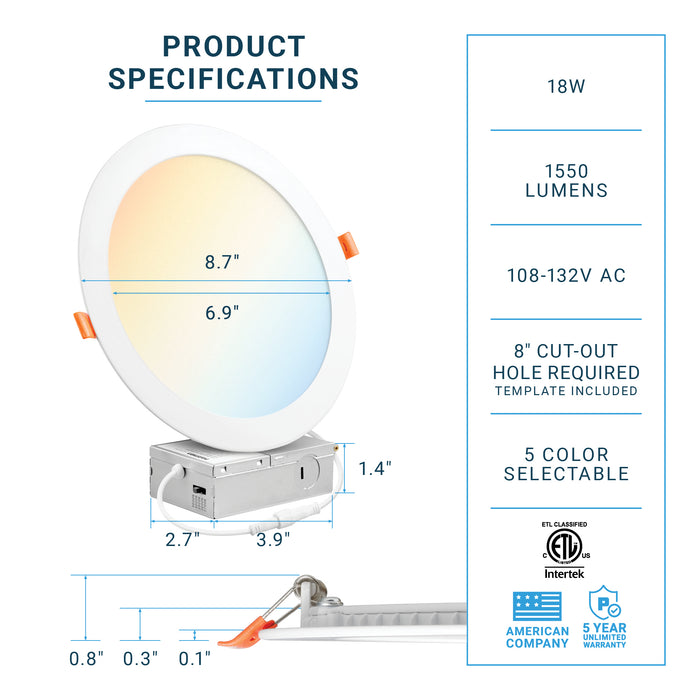 5CCT - 8" LED Recessed Ceiling Slim Panel Light with Junction Box - 18W