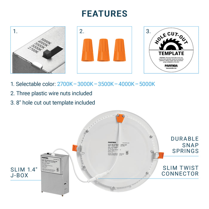 5CCT - 8" LED Recessed Ceiling Slim Panel Light with Junction Box - 18W