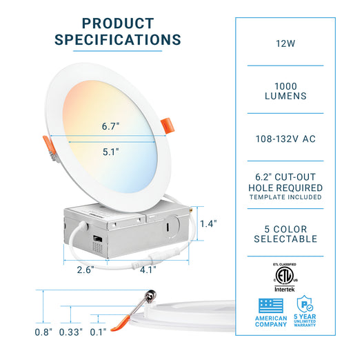 5CCT - 6" LED Recessed Ceiling Slim Panel Light with Junction Box - 12W