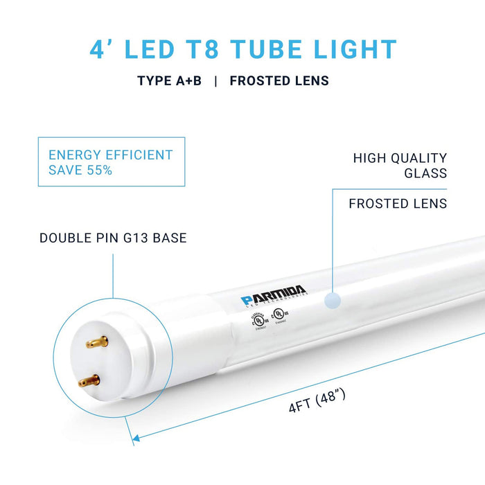 20 Pack 4FT LED T8 Ballast Bypass Type B Light Tube, 18W, 2400lm for Single-Ended  Dual-Ended Connection, 5000K, Frosted Lens, T8 T10 T12 T - 4